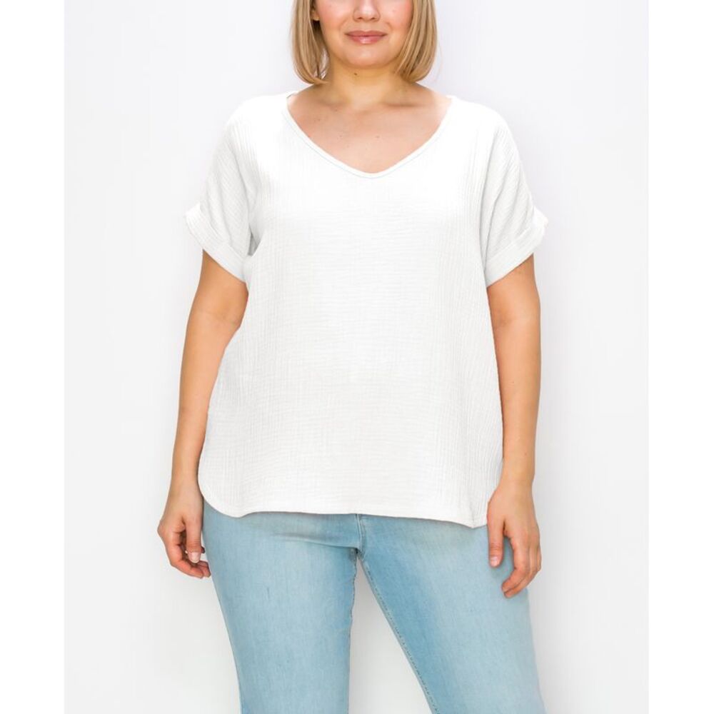 Coin 1804 Plus Size Gauze V Neck Rolled Sleeve Top